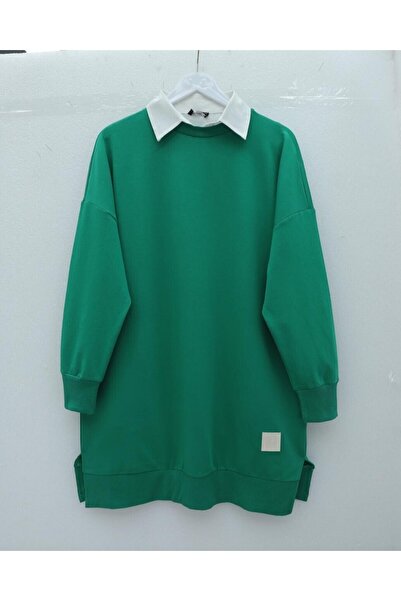 Modamorfo Crew Neck Slit Embroidered Sweatshirt - Forest Green.