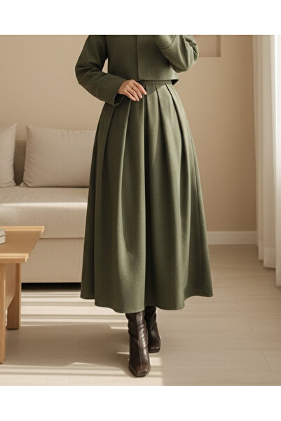 Modamorfo Χακί Κασμίρ Φούστα - Πλισέ και Φερμουάρ