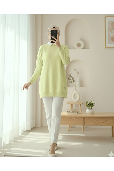 Modamorfo Crew Neck Slit Embroidered Sweatshirt - Light Yellow