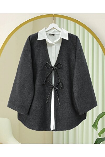 Modamorfo Lace-Up Front Oval Cut Kaşe Kimono - Anthracite