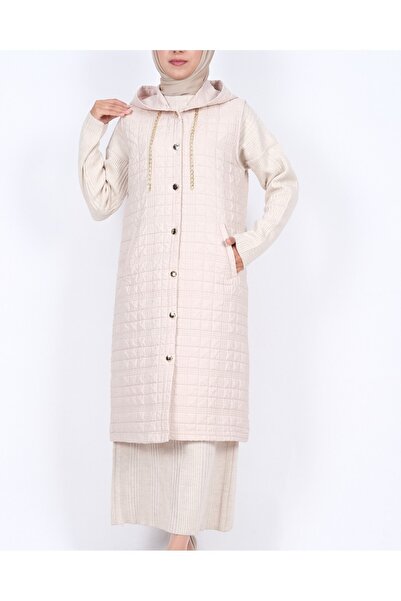 Modamorfo Hooded Chain Detailed Quilted Vest with Pockets - Stone