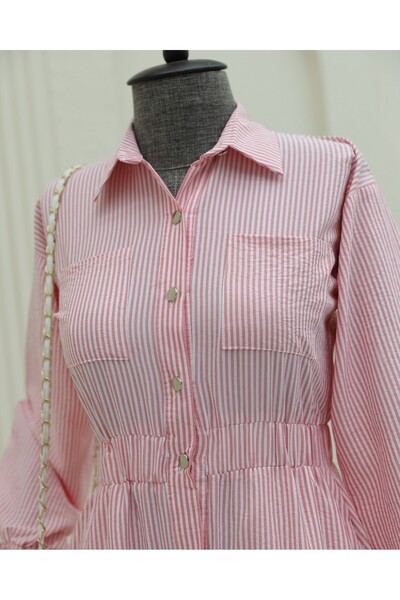 Modamorfo Φόρεμα με ελαστική μέση και ριγέ κουμπιά στο μήκος - Πούδρα