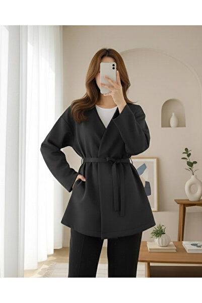 Modamorfo Beli Belted V-Neck Scuba Kimono -Black