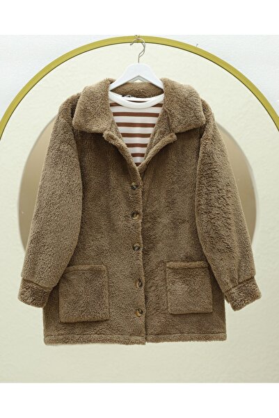 Modamorfo Buttoned plush jacket with pockets - coffee