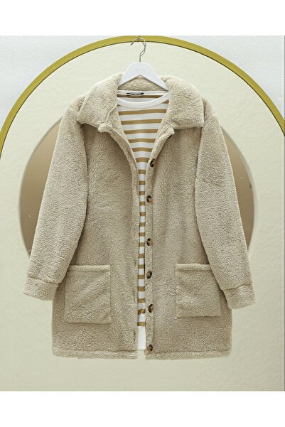 Modamorfo Buttoned plush jacket with pockets - light mink
