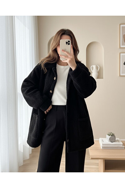 Modamorfo Plush Jacket with Buttoned Pockets -Black