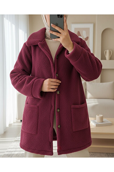 Modamorfo Plush Jacket with Button Pockets - Claret Red