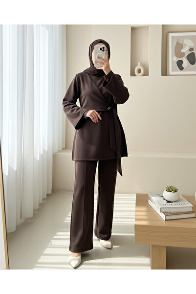 Modamorfo Slit Scuba Suit with Cross-Tied Front - Dark Brown