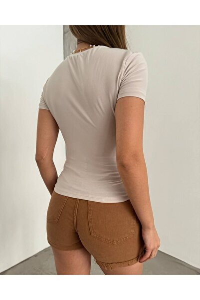 Modamorfo Crossed short sleeve sandy blouse -beige