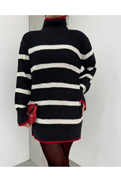 Modamorfo Half-Thigh Formal Pattern Knitwear Tunic -Black