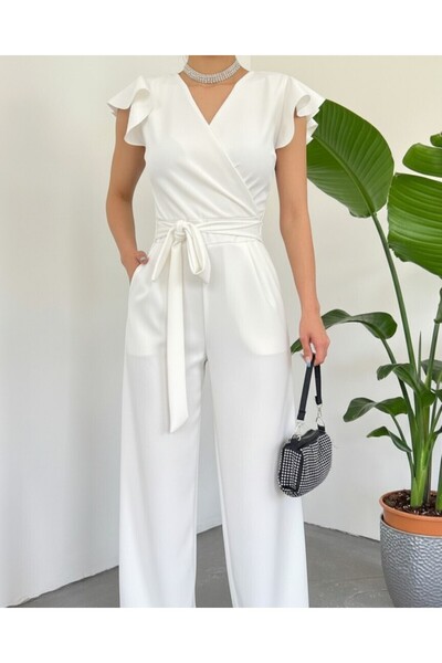 Modamorfo Ruffle Jumpsuit with Zipper Detail -White