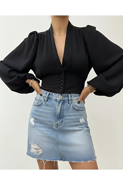 Modamorfo Μπαλόνι μανίκι με κουμπιά και ελαστική πλάτη - Μαύρο