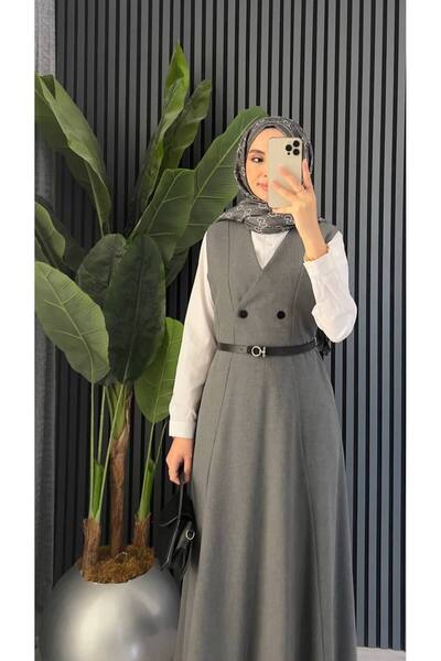 Molly Nelly Γυναικείο πολύ κομψό μακρύ γκρι τζιλέ με κουμπιά