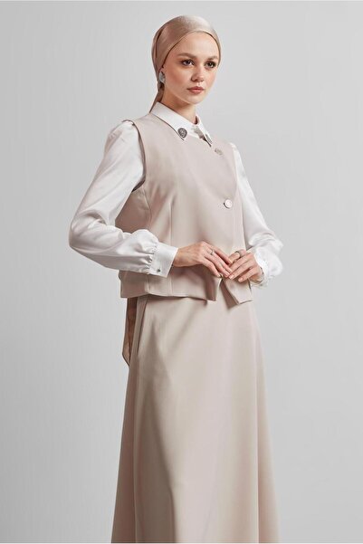 TRENDTESETTÜR Women's Beige (Stone) Vest and Skirt Suit t 3340
