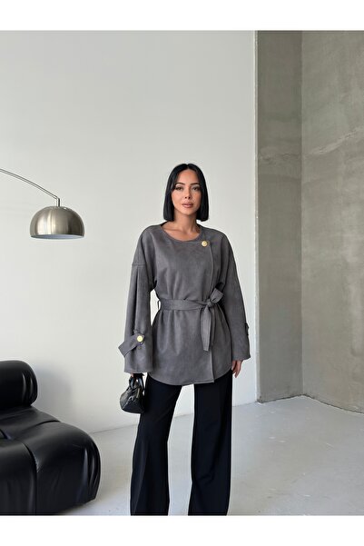 moda paketi Belted Suede Textured Cap/Vest - Button Detail