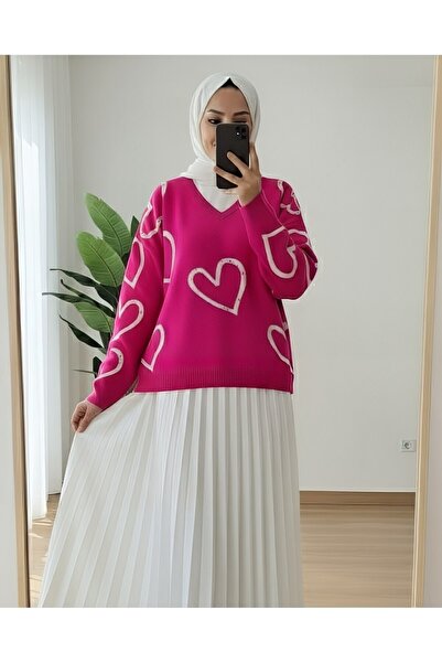 Modamorfo Pletený svetr s výstřihem do V - Fuchsiová