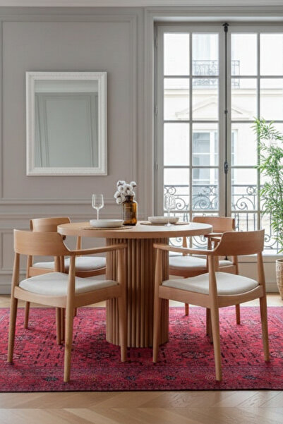 Woodenbend Eva Yuvarlak Ahşap Masa Takımı 110x110 – 4 Kayın Kolçaklı Sandalye...