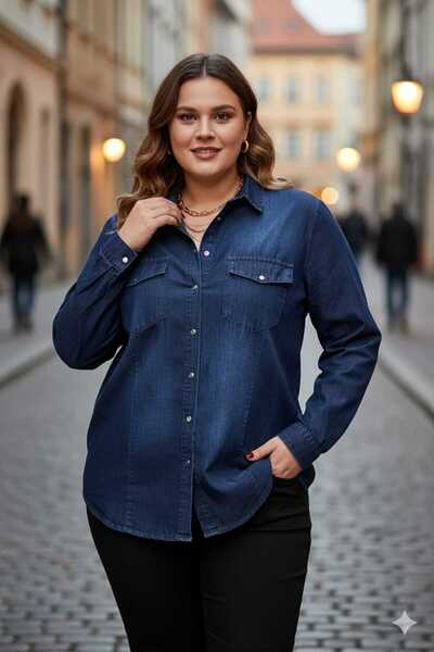 RMG Kadın Lacivert Büyük Beden Tensel Gömlek