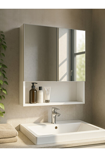 dorpek Trama Aynalı Banyo Üst Dolabı 3 Raflı Çok Amaçlı Dolap Beyaz