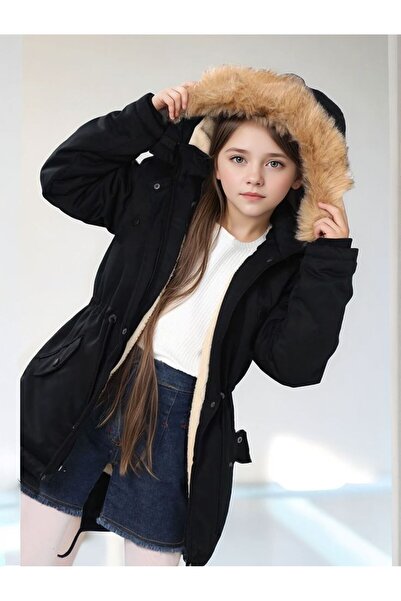 Wild Flower Kapüşonlu İçi Polarlı Uzun Kız Çocuk Kışlık Mont Kaban