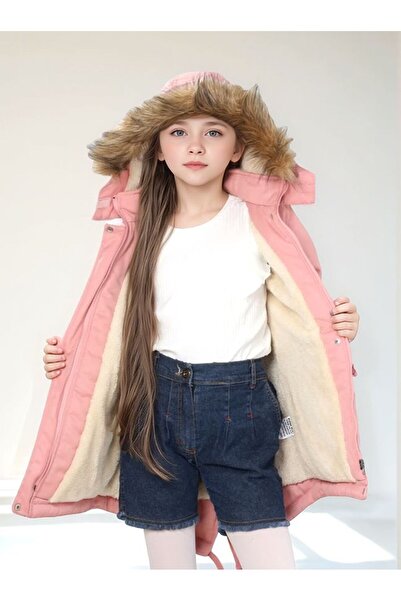 Wild Flower Kapüşonlu İçi Polarlı Uzun Kız Çocuk Kışlık Mont Kaban