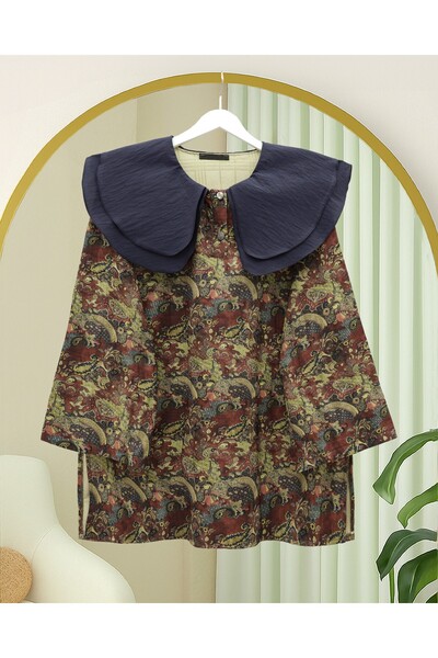 Modamorfo Apron Collar Half Buttoned Slit Quilted Tunic -Khaki