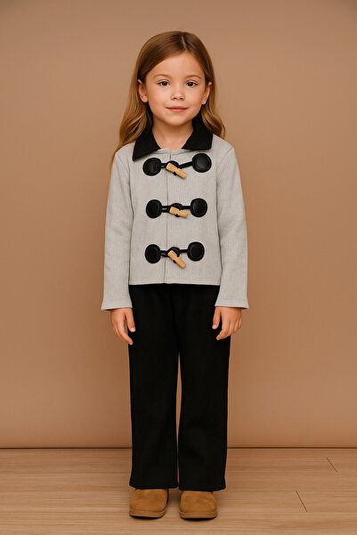 RAPAPA Gray Buckled Knitwear Jacket and Black Ribbed Pants Girl's Set 6008