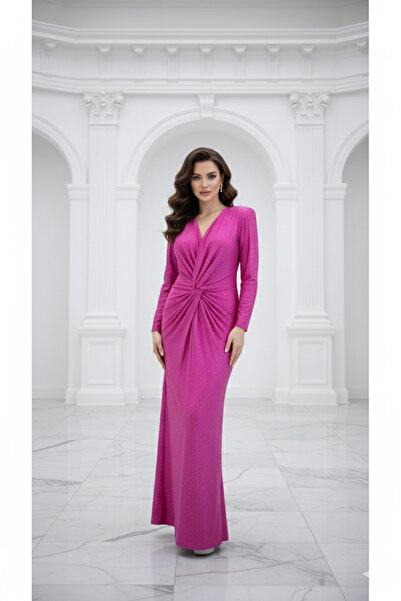 CAREZZA Starlight - Draped Stone Stretch Fabric Fuchsia Evening Dress