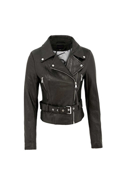 Tergan Siyah Hakiki Deri Kadın Hakiki Deri Biker Mont - K22KDM320292-Q3H