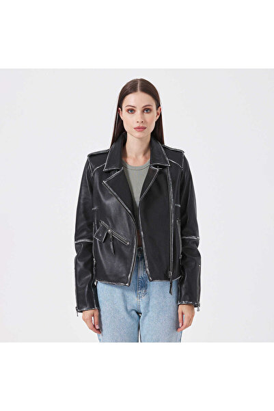 Tergan Siyah Hakiki Deri Kadın Deri Biker Mont - K23KDM320402-Q3H