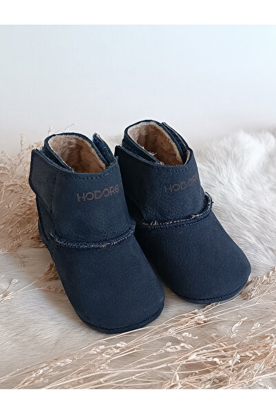 Hodore Lucca Navy Blue Genuine Leather Baby Boots with Fur Inside