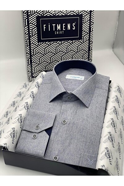 Fitmens قميص رجالي كلاسيكي بأكمام طويلة من القطن والكتان في صندوق هدايا FS-001261 - أزرق داكن
