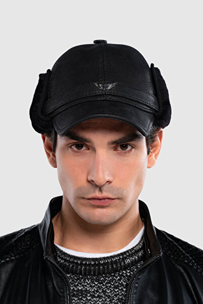 Tamer Tanca Ανδρικό μαύρο καπέλο από γνήσιο δέρμα