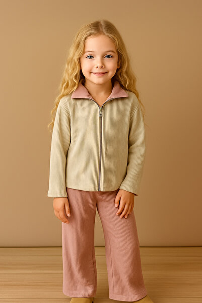 RAPAPA Beige Zippered Ribbed Sweatshirt and Dusty Rose Pants Girls' Set 6007