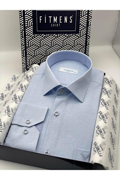 Fitmens قميص رجالي كلاسيكي بأكمام طويلة من القطن والكتان في صندوق هدايا FS-001261 - أزرق فاتح