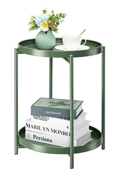Arabest 2-Tier Round Side Table with Removable Tray, Green for Patio