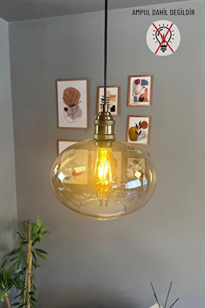 Bamyum Solvia Cam Bal Rengi Tekli Avize Lale Başlık Retro Sarkıt Lamba Salon ...