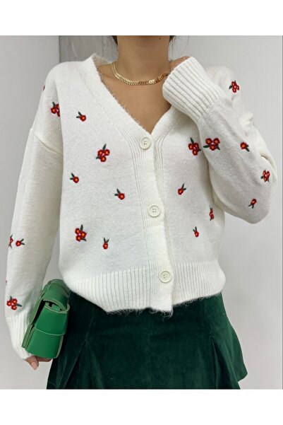 Modamorfo Spliced Floral Embroidered Knitwear Cardigan - Ecru