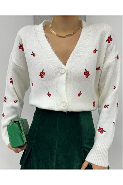 Modamorfo Spliced Floral Embroidered Knitwear Cardigan - Ecru