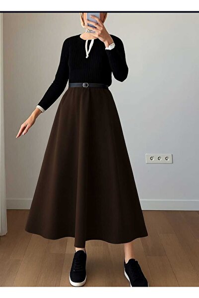 RIMFIS Women's Puff Scuba Bitter Brown Hijab Flared Skirt