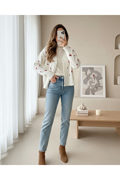 Modamorfo Spliced Floral Embroidered Knitwear Cardigan - Ecru