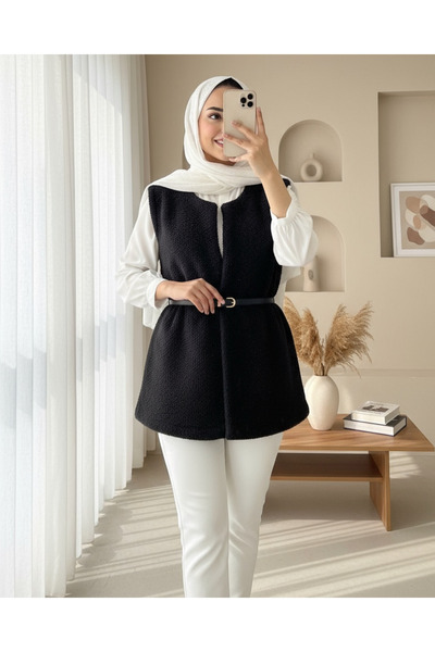 Modamorfo Beli Belted Double Pocket Lined Plush Vest - Black