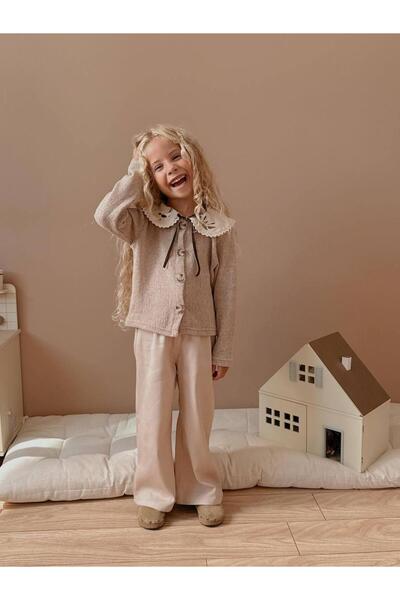 RAPAPA Beige Colored Swan Collar Girls' Knitwear Cardigan and Pants Set 6005