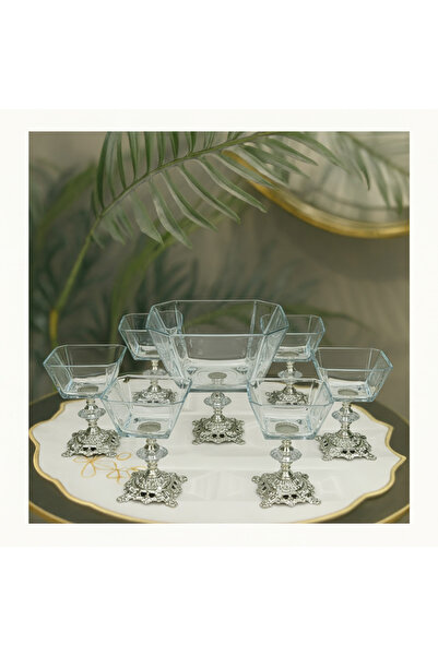 Elta Collection Karen 7 Piece Casting Silver Footed Presentation Set Magnolia Ice Cream Bowl Cup and Salad Bowl Set