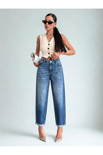 Polo State Μπλε γυναικείο τζιν παντελόνι με μήκος μέχρι τον αστράγαλο Mom Fit