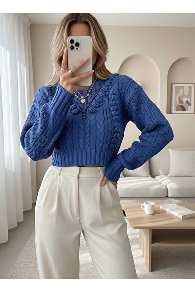 Modamorfo Embossed Patterned Lace-Like Knit Knitwear Sweater -Indigo