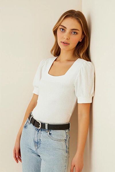 comstar Women's Short Sleeve Square Neck Summer Basic Tight White Blouse