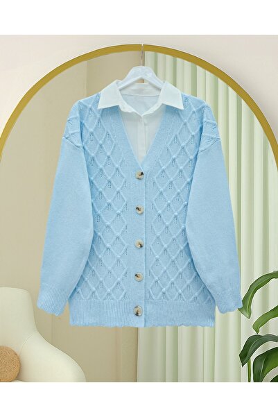 Modamorfo V-Neck Large Button Patterned Knitwear Cardigan - Baby Blue