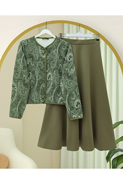 Modamorfo Ethnic Patterned Ball Button Scuba Suit - Khaki