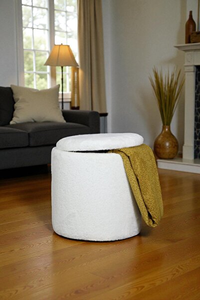 VISIONARIO Silindir Sandıklı Puf - BRELLO KIRIK BEYAZ Yumuşak Teddy Peluş Kum...